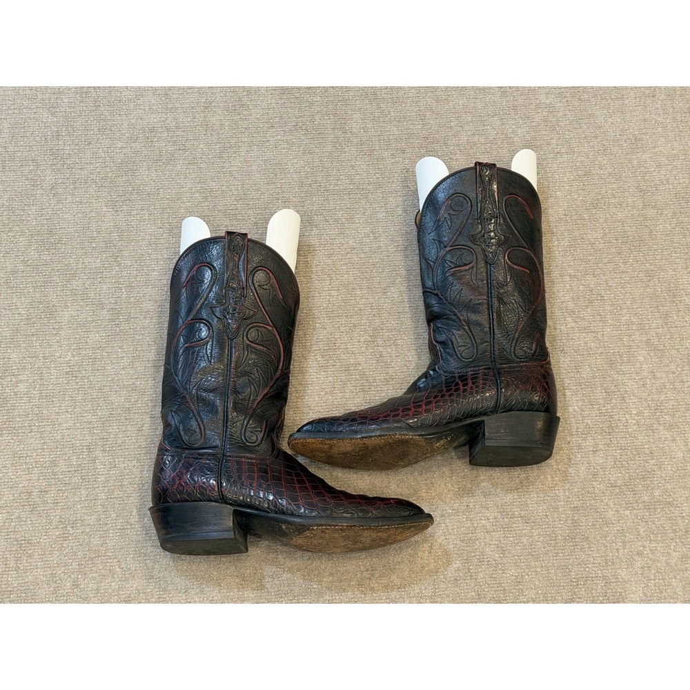 LUCCHESE EXOTIC ALLIGATOR BELLY MEN'S BLACK CHERRY HANDCRAFTED USA BOOTS 8.5D